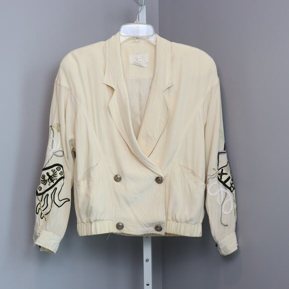 Vintage Caché 100% Silk Jacket Embroidered Sleeves Cream Double Breasted M - Picture 1 of 7